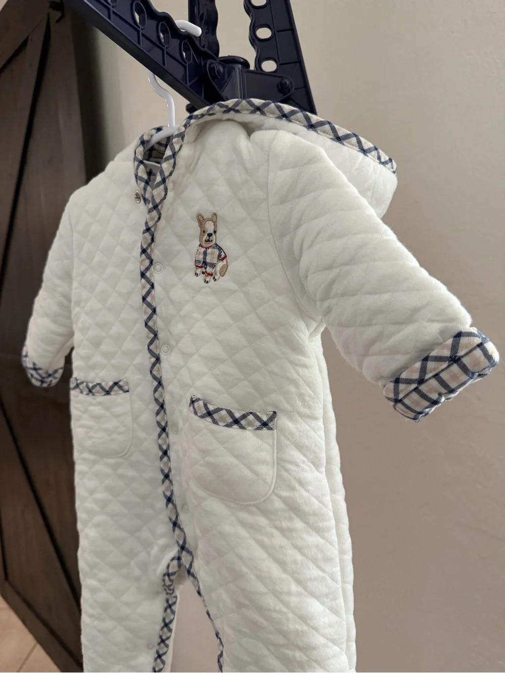 Little Me Cream and Navy Plaid Quilted Baby Footed pram
